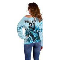 Personalised Kentucky Horse Racing Off Shoulder Sweater 151st Anniversary Sporting Art Blue Version LT9