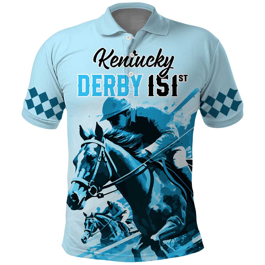Personalised Kentucky Horse Racing Polo Shirt 151st Anniversary Sporting Art Blue Version LT9