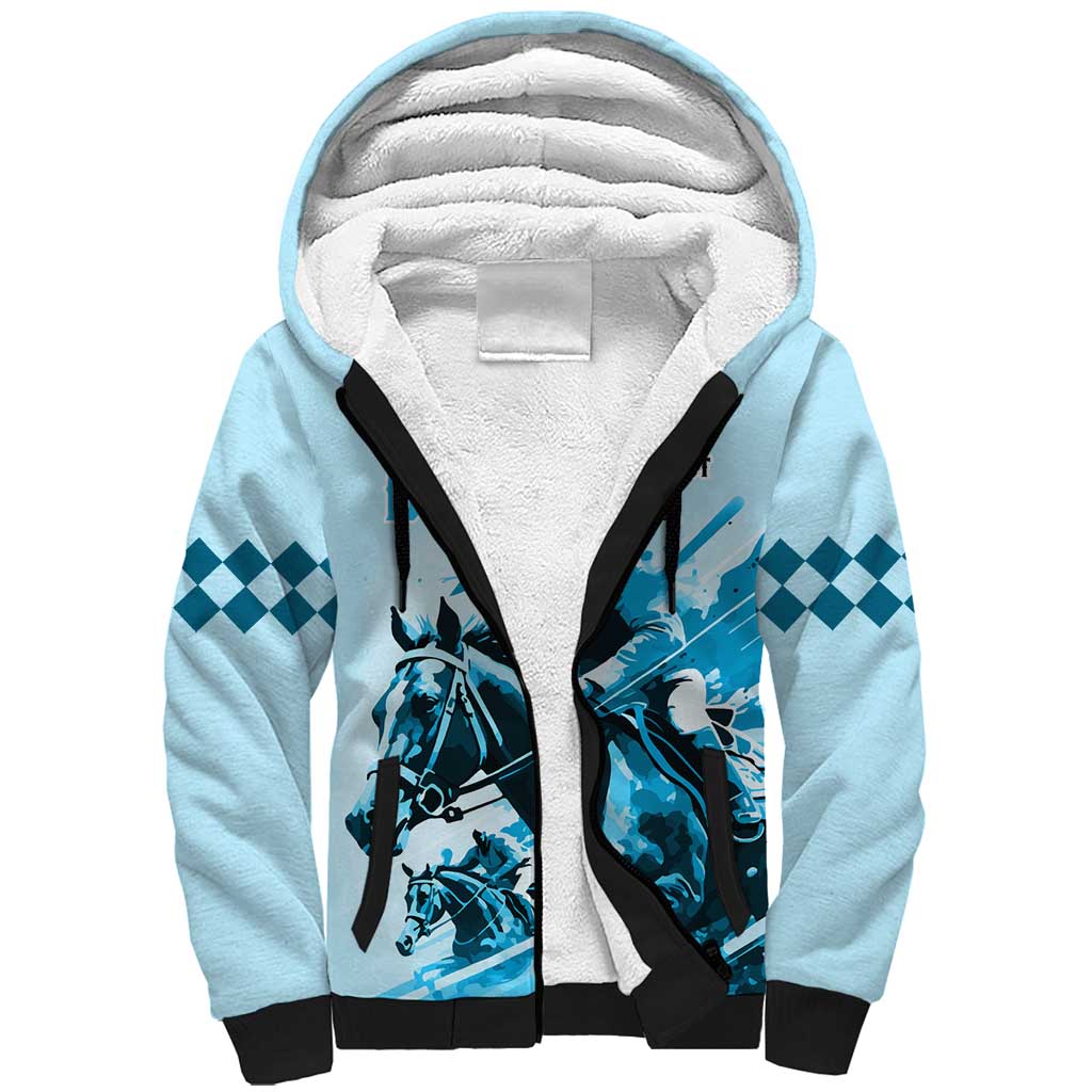 Personalised Kentucky Horse Racing Sherpa Hoodie 151st Anniversary Sporting Art Blue Version LT9