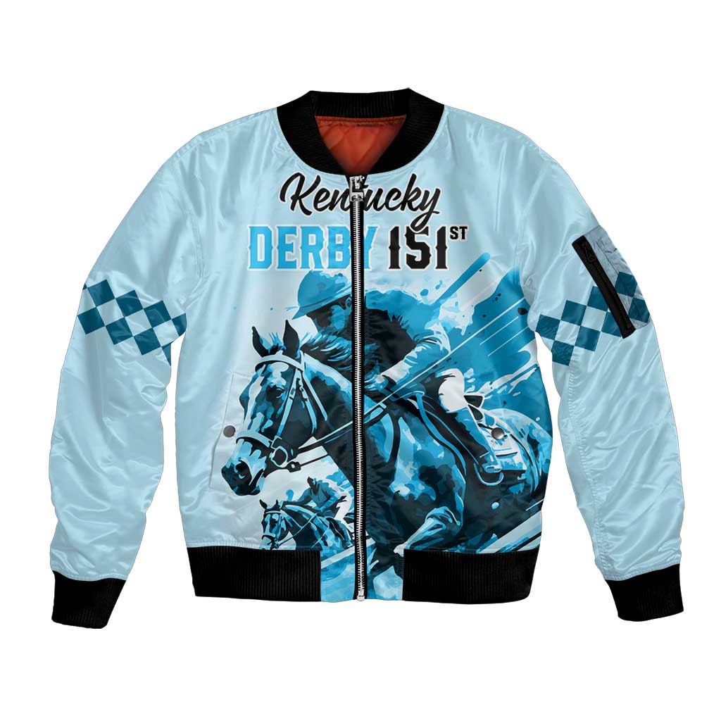 Personalised Kentucky Horse Racing Sleeve Zip Bomber Jacket 151st Anniversary Sporting Art Blue Version LT9