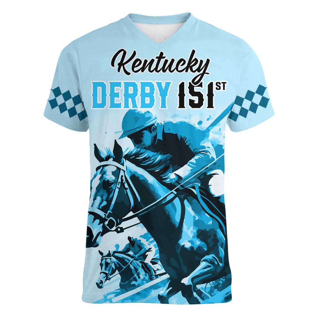 Personalised Kentucky Horse Racing Women V Neck T Shirt 151st Anniversary Sporting Art Blue Version LT9