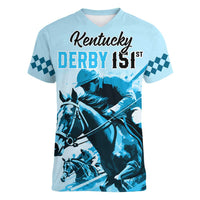 Personalised Kentucky Horse Racing Women V Neck T Shirt 151st Anniversary Sporting Art Blue Version LT9