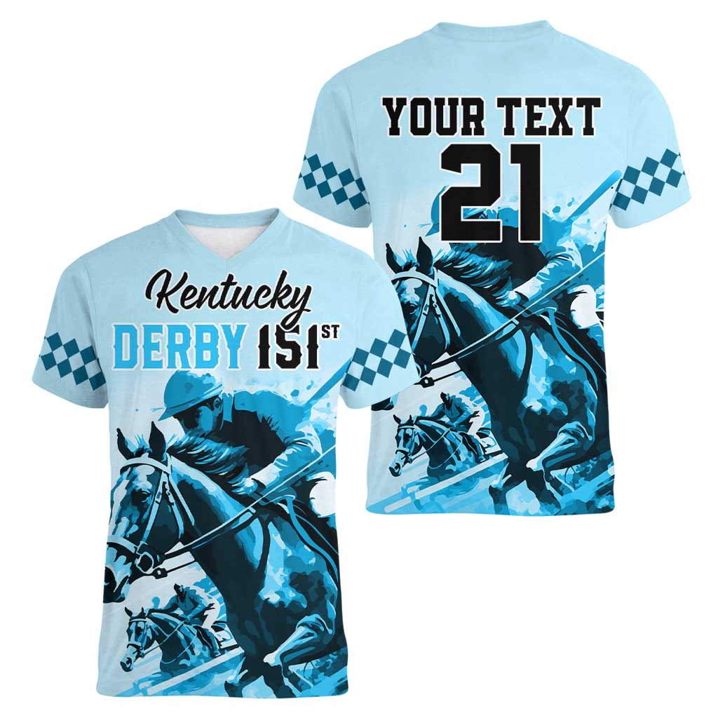 Personalised Kentucky Horse Racing Women V Neck T Shirt 151st Anniversary Sporting Art Blue Version LT9