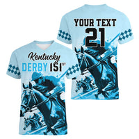 Personalised Kentucky Horse Racing Women V Neck T Shirt 151st Anniversary Sporting Art Blue Version LT9