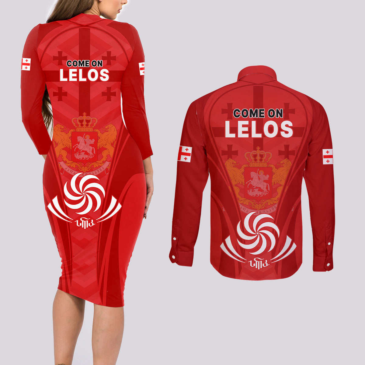 Georgia Rugby Couples Matching Long Sleeve Bodycon Dress and Long Sleeve Button Shirts World Cup 2023 Come On Lelos LT9 - Wonder Print Shop