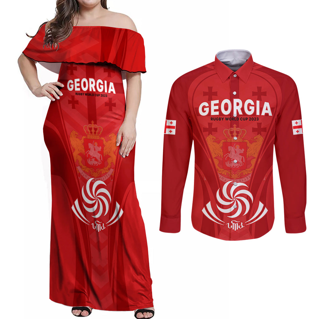 Georgia Rugby Couples Matching Off Shoulder Maxi Dress and Long Sleeve Button Shirts World Cup 2023 Come On Lelos LT9 - Wonder Print Shop