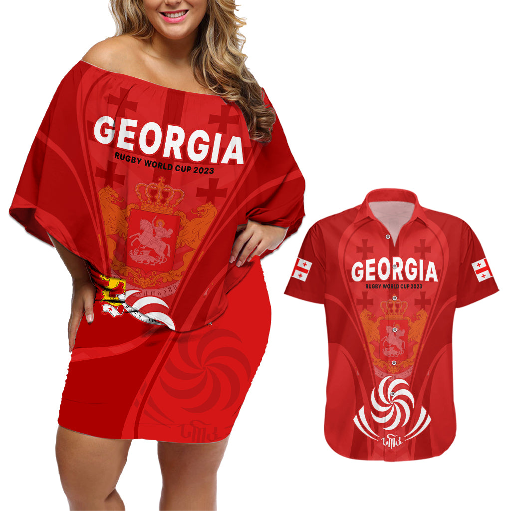 Georgia Rugby Couples Matching Off Shoulder Short Dress and Hawaiian Shirt World Cup 2023 Come On Lelos LT9 - Wonder Print Shop