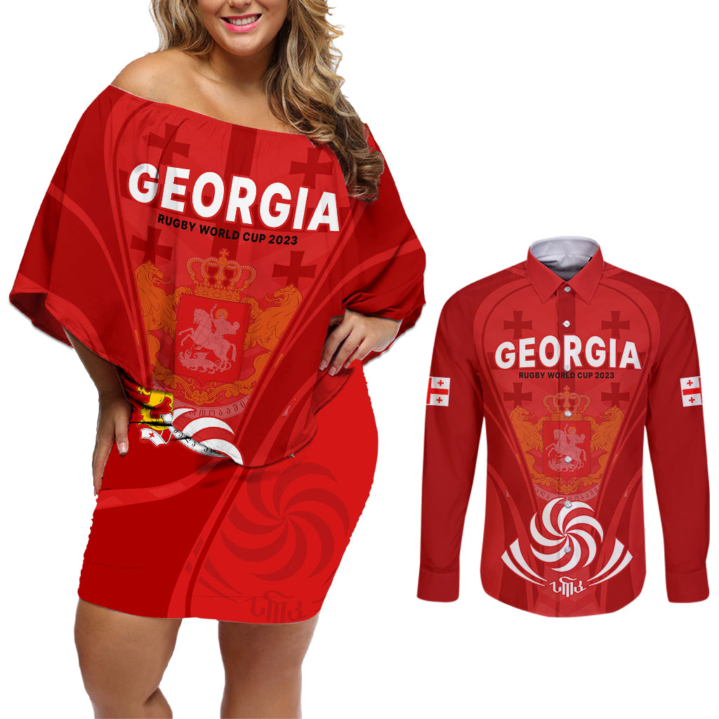 Georgia Rugby Couples Matching Off Shoulder Short Dress and Long Sleeve Button Shirts World Cup 2023 Come On Lelos LT9 - Wonder Print Shop