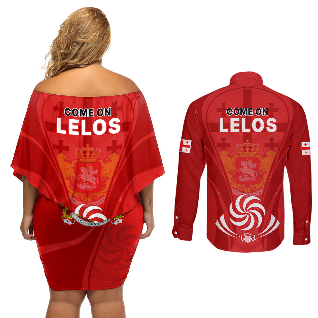Georgia Rugby Couples Matching Off Shoulder Short Dress and Long Sleeve Button Shirts World Cup 2023 Come On Lelos LT9 - Wonder Print Shop
