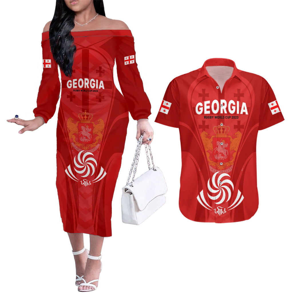 Georgia Rugby Couples Matching Off The Shoulder Long Sleeve Dress and Hawaiian Shirt World Cup 2023 Come On Lelos LT9 - Wonder Print Shop