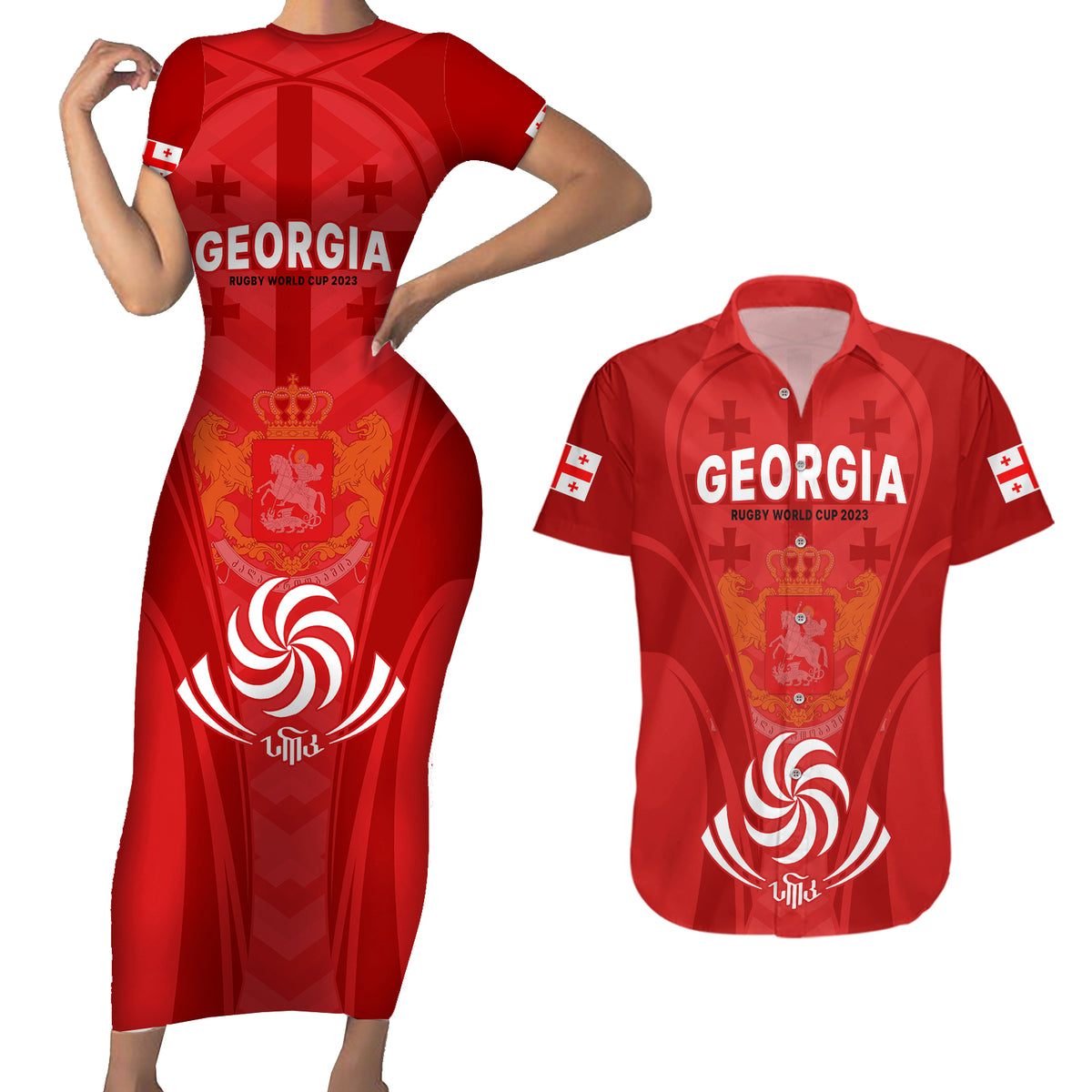 Georgia Rugby Couples Matching Short Sleeve Bodycon Dress and Hawaiian Shirt World Cup 2023 Come On Lelos LT9 - Wonder Print Shop
