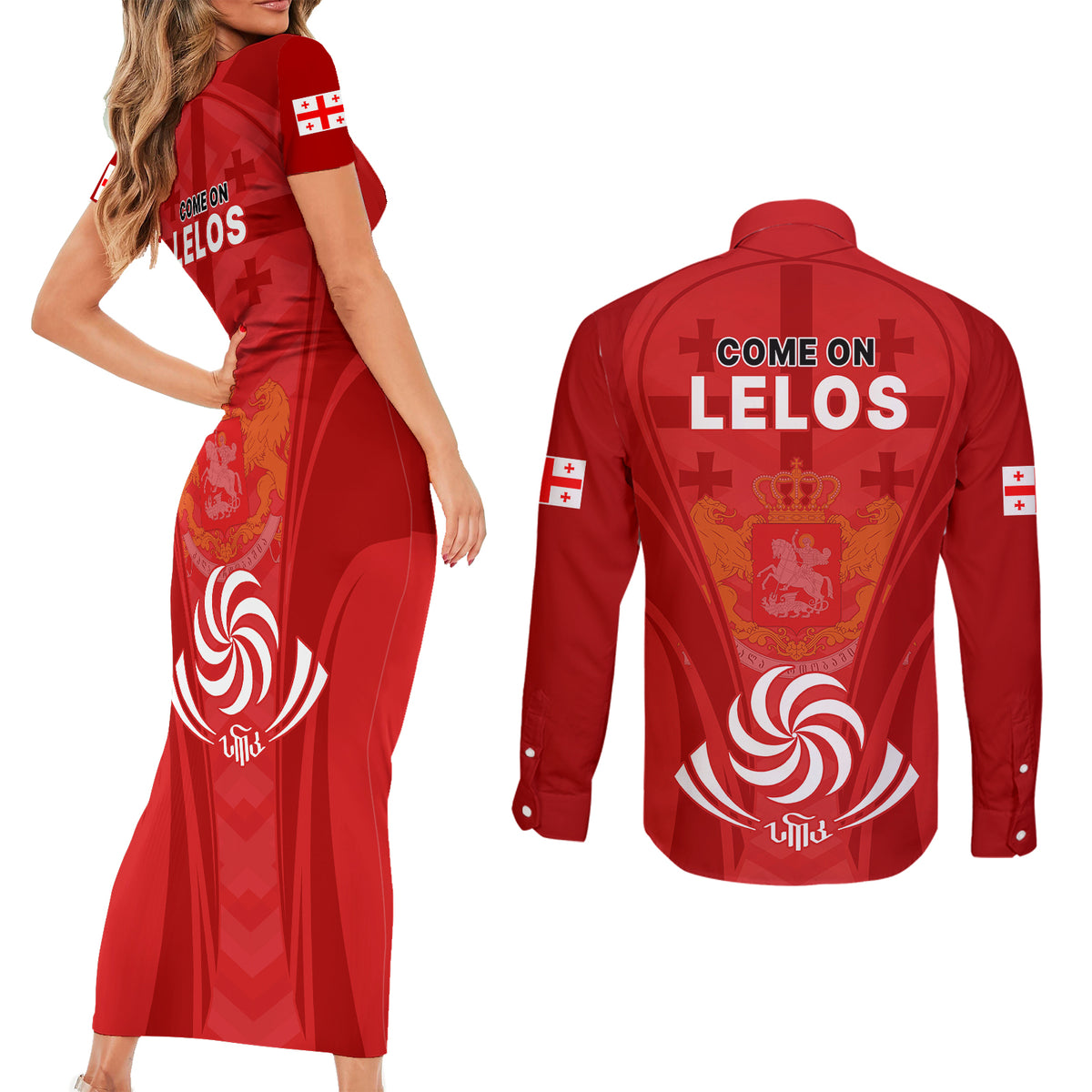 Georgia Rugby Couples Matching Short Sleeve Bodycon Dress and Long Sleeve Button Shirts World Cup 2023 Come On Lelos LT9 - Wonder Print Shop