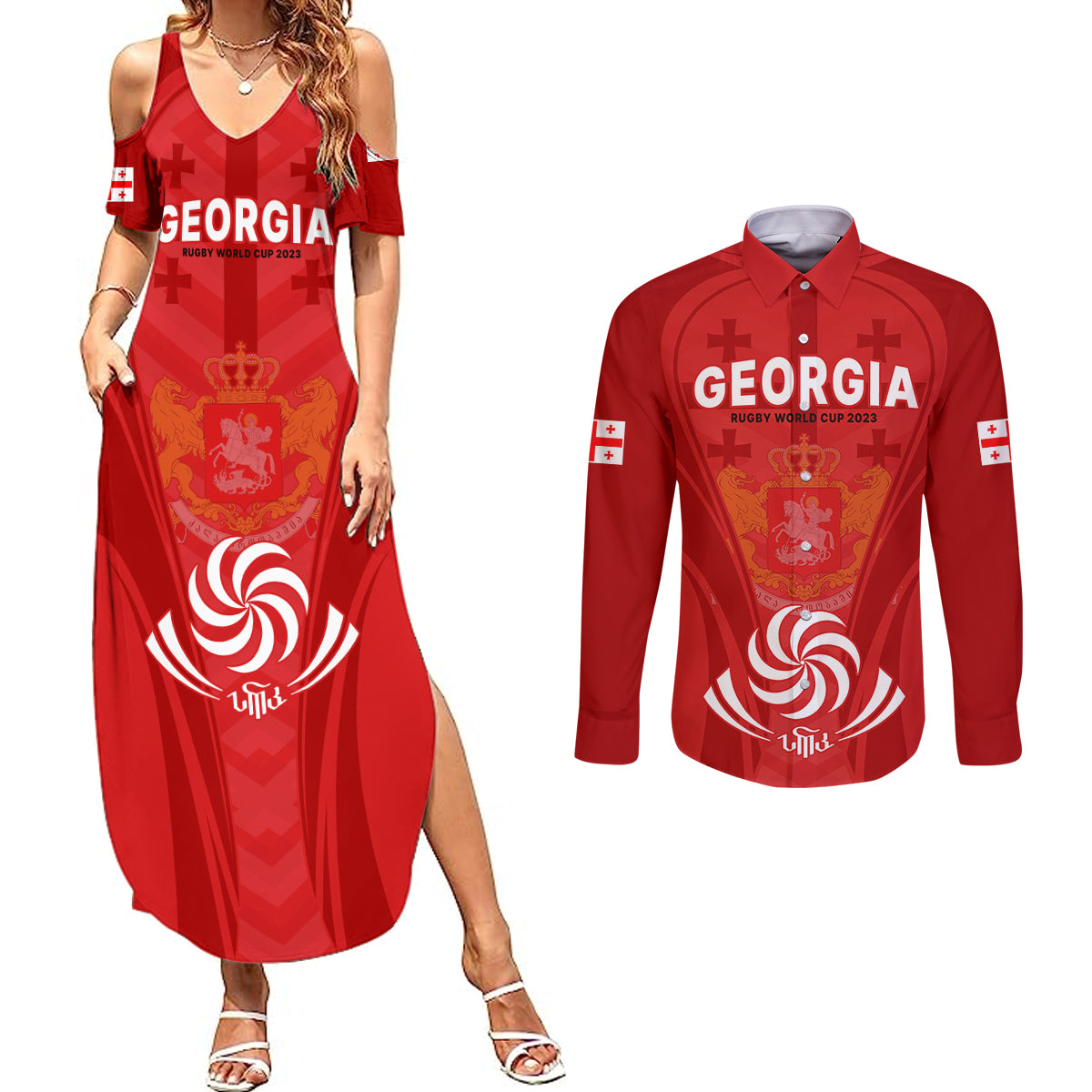 Georgia Rugby Couples Matching Summer Maxi Dress and Long Sleeve Button Shirts World Cup 2023 Come On Lelos LT9 - Wonder Print Shop