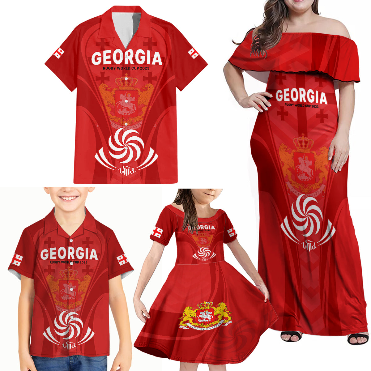 Georgia Rugby Family Matching Off Shoulder Maxi Dress and Hawaiian Shirt World Cup 2023 Come On Lelos LT9 - Wonder Print Shop