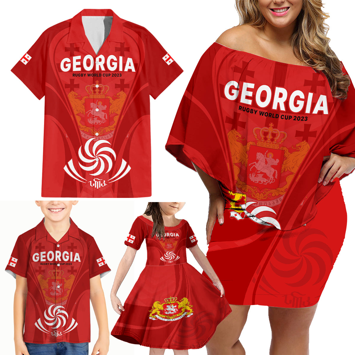 Georgia Rugby Family Matching Off Shoulder Short Dress and Hawaiian Shirt World Cup 2023 Come On Lelos LT9 - Wonder Print Shop