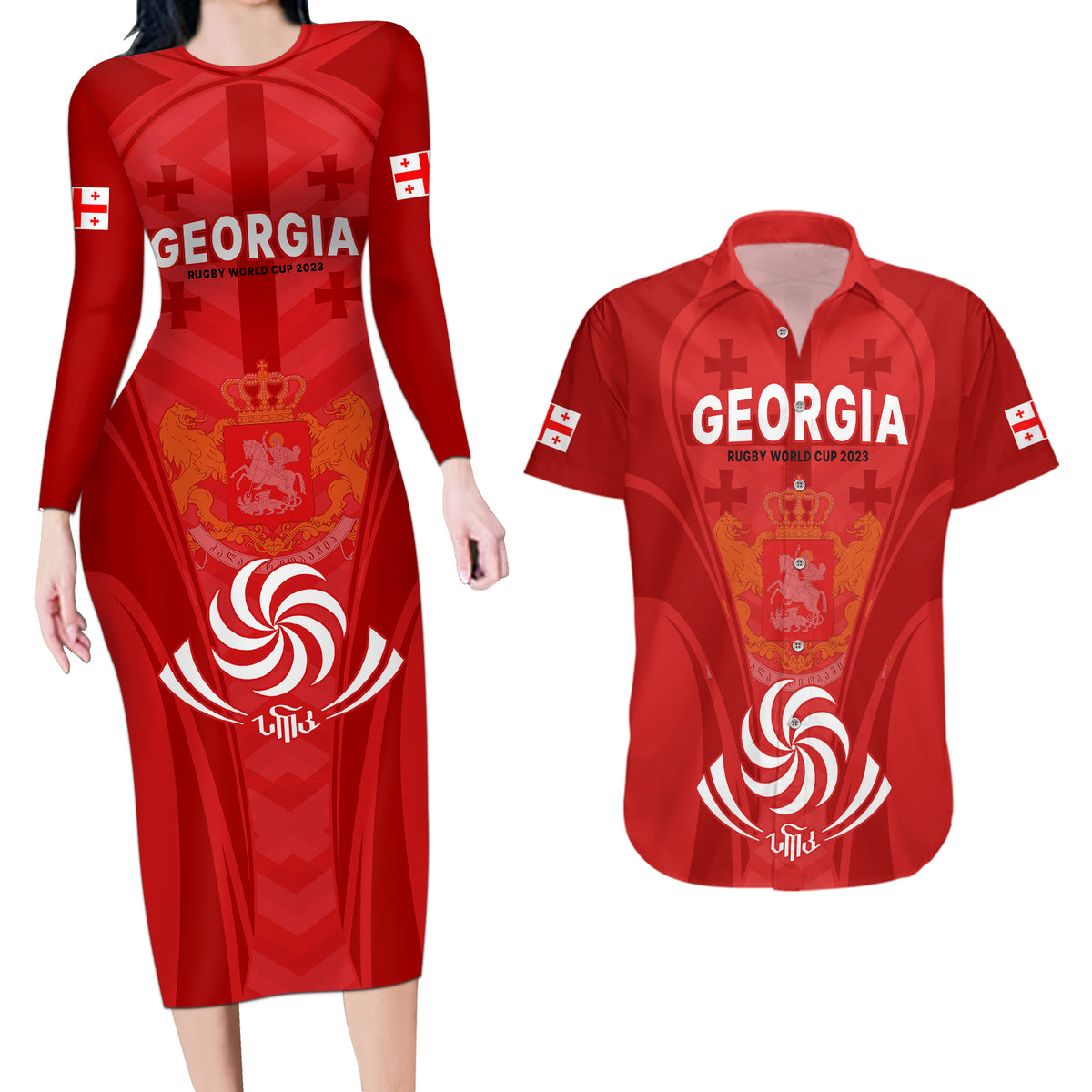 Custom Georgia Rugby Couples Matching Long Sleeve Bodycon Dress and Hawaiian Shirt World Cup 2023 Come On Lelos LT9 - Wonder Print Shop