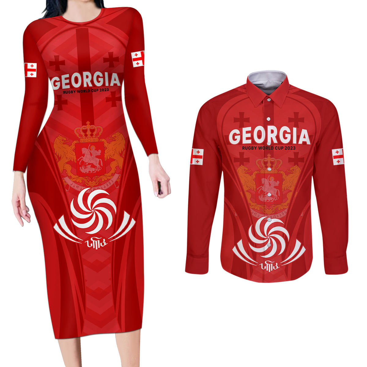 Custom Georgia Rugby Couples Matching Long Sleeve Bodycon Dress and Long Sleeve Button Shirts World Cup 2023 Come On Lelos LT9 - Wonder Print Shop