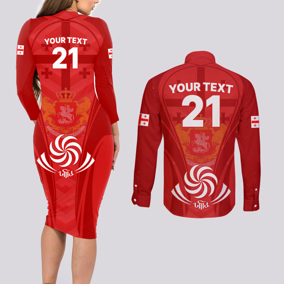 Custom Georgia Rugby Couples Matching Long Sleeve Bodycon Dress and Long Sleeve Button Shirts World Cup 2023 Come On Lelos LT9 - Wonder Print Shop
