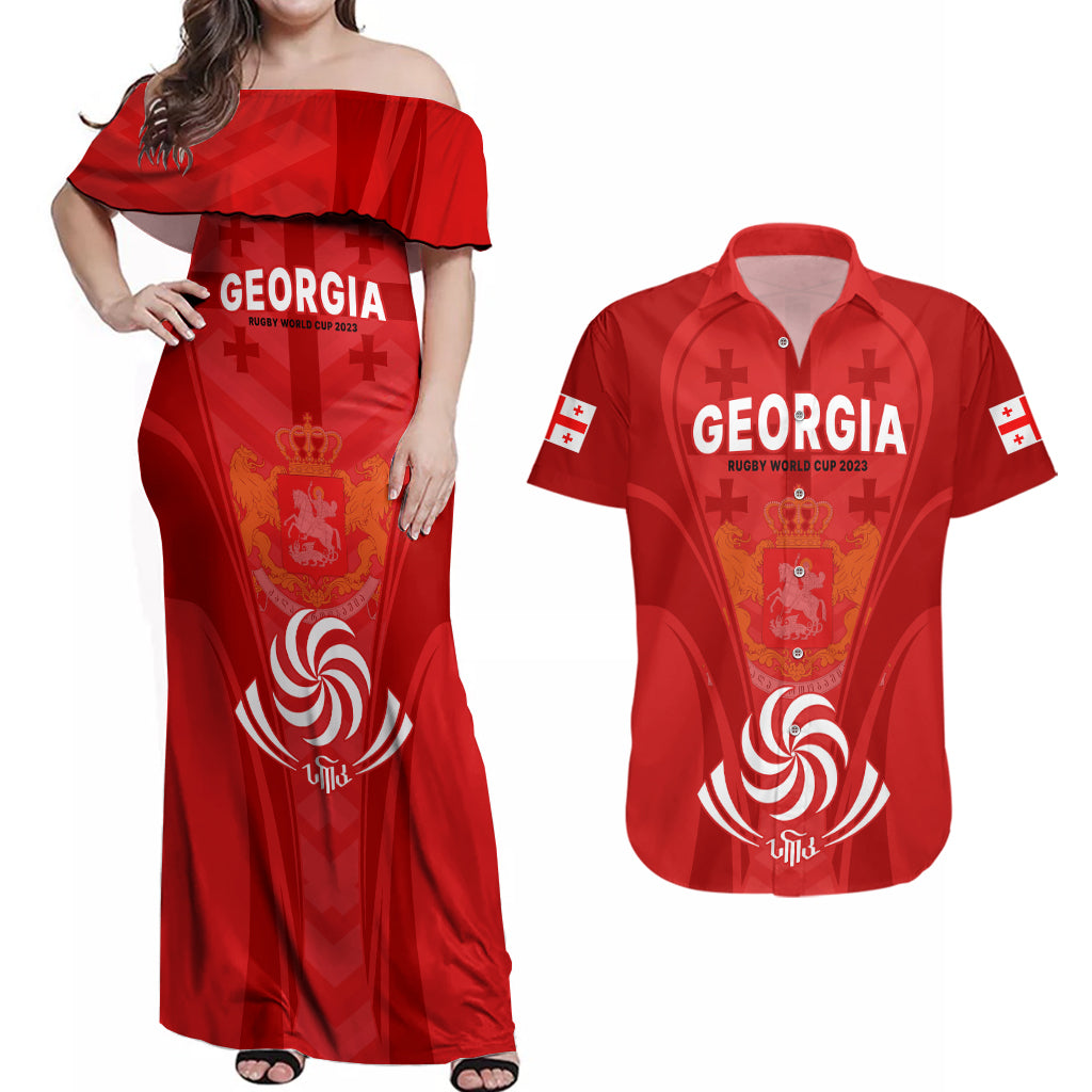 Custom Georgia Rugby Couples Matching Off Shoulder Maxi Dress and Hawaiian Shirt World Cup 2023 Come On Lelos LT9 - Wonder Print Shop
