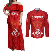 Custom Georgia Rugby Couples Matching Off Shoulder Maxi Dress and Long Sleeve Button Shirts World Cup 2023 Come On Lelos LT9 - Wonder Print Shop
