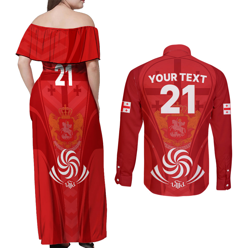 Custom Georgia Rugby Couples Matching Off Shoulder Maxi Dress and Long Sleeve Button Shirts World Cup 2023 Come On Lelos LT9 - Wonder Print Shop