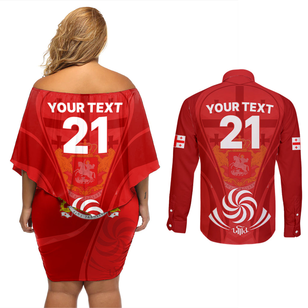 Custom Georgia Rugby Couples Matching Off Shoulder Short Dress and Long Sleeve Button Shirts World Cup 2023 Come On Lelos LT9 - Wonder Print Shop