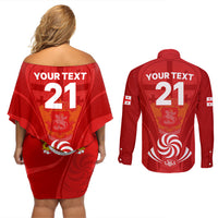Custom Georgia Rugby Couples Matching Off Shoulder Short Dress and Long Sleeve Button Shirts World Cup 2023 Come On Lelos LT9 - Wonder Print Shop