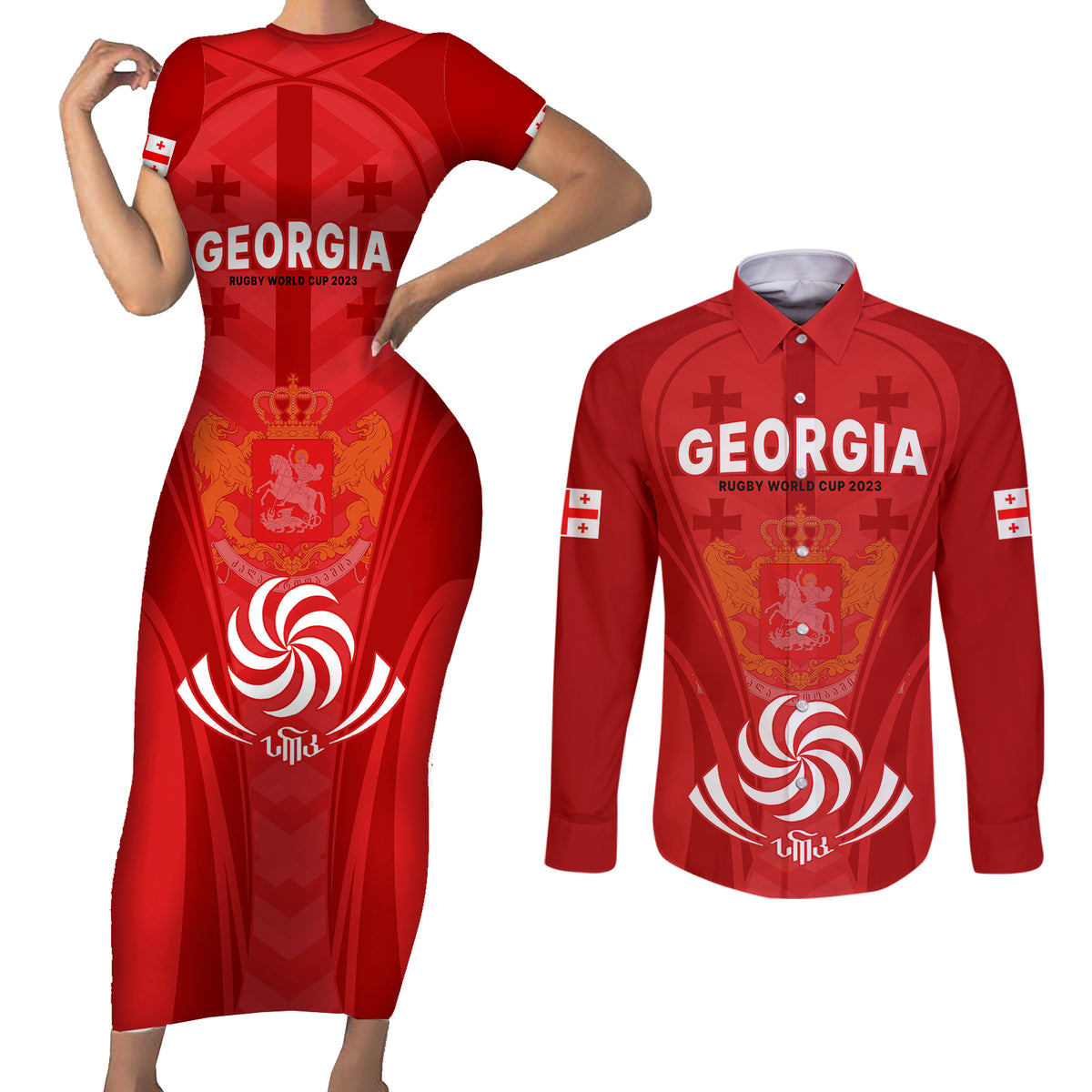 Custom Georgia Rugby Couples Matching Short Sleeve Bodycon Dress and Long Sleeve Button Shirts World Cup 2023 Come On Lelos LT9 - Wonder Print Shop