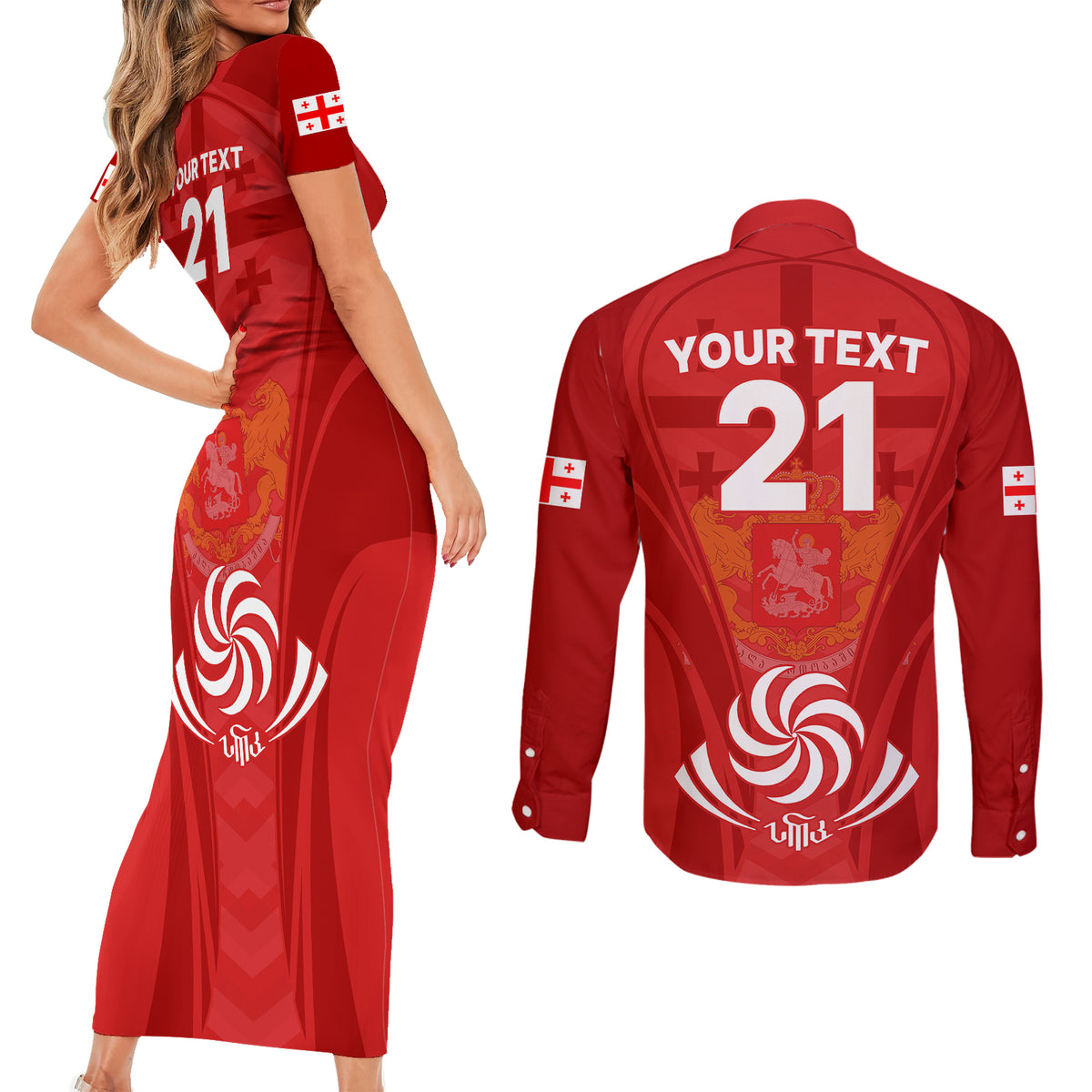 Custom Georgia Rugby Couples Matching Short Sleeve Bodycon Dress and Long Sleeve Button Shirts World Cup 2023 Come On Lelos LT9 - Wonder Print Shop