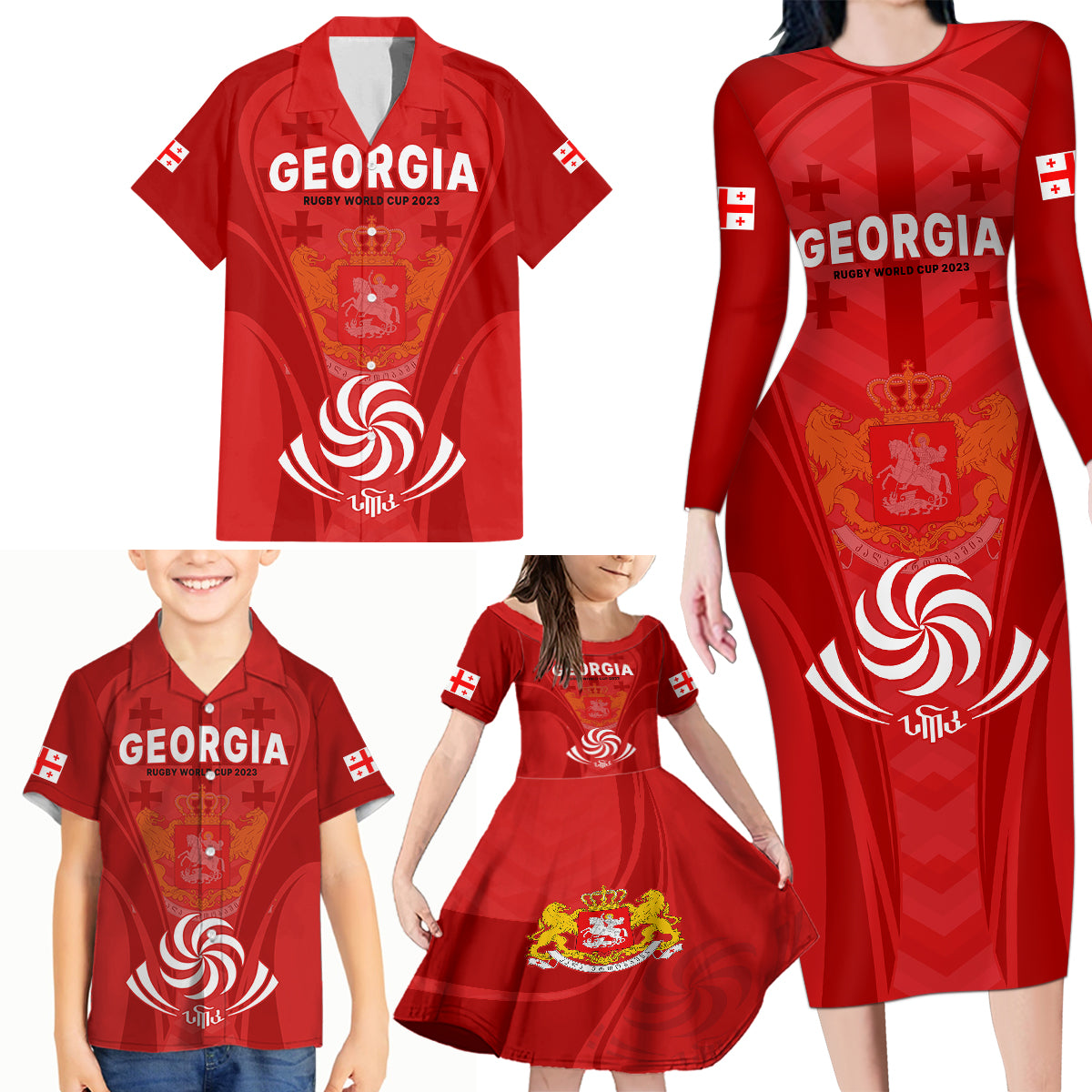 Custom Georgia Rugby Family Matching Long Sleeve Bodycon Dress and Hawaiian Shirt World Cup 2023 Come On Lelos LT9 - Wonder Print Shop