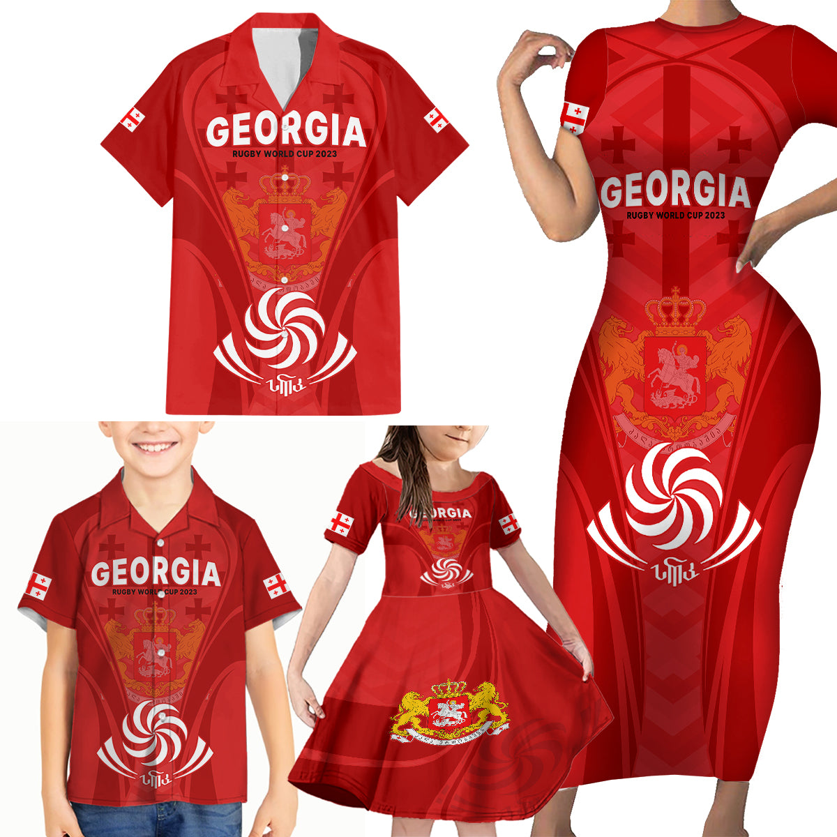 Custom Georgia Rugby Family Matching Short Sleeve Bodycon Dress and Hawaiian Shirt World Cup 2023 Come On Lelos - Wonder Print Shop
