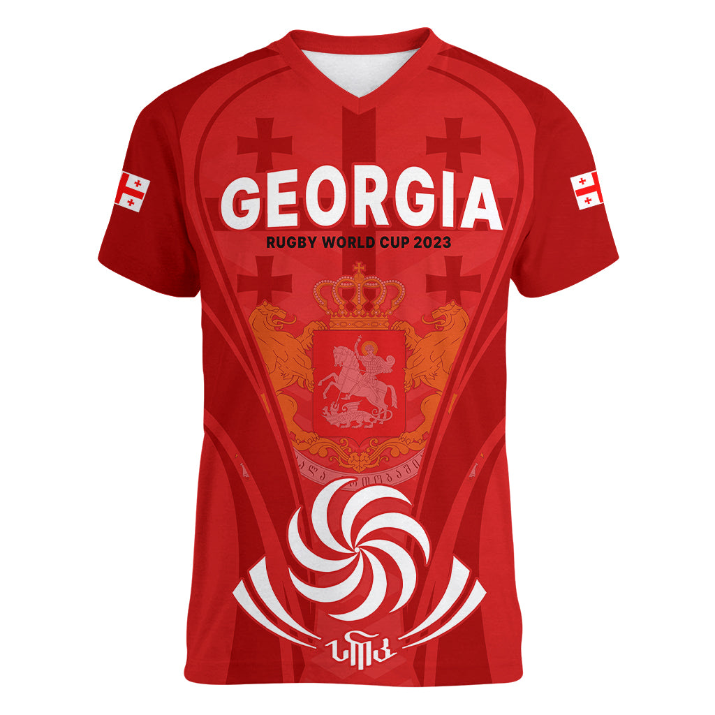 Custom Georgia Rugby Women V Neck T Shirt World Cup 2023 Come On Lelos - Wonder Print Shop