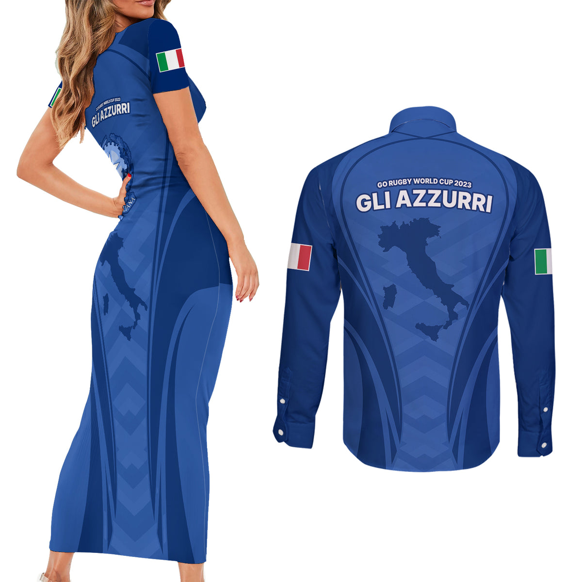 Italy Rugby Couples Matching Short Sleeve Bodycon Dress and Long Sleeve Button Shirts World Cup 2023 Go Gli Azzurri Sporty Style LT9 - Wonder Print Shop