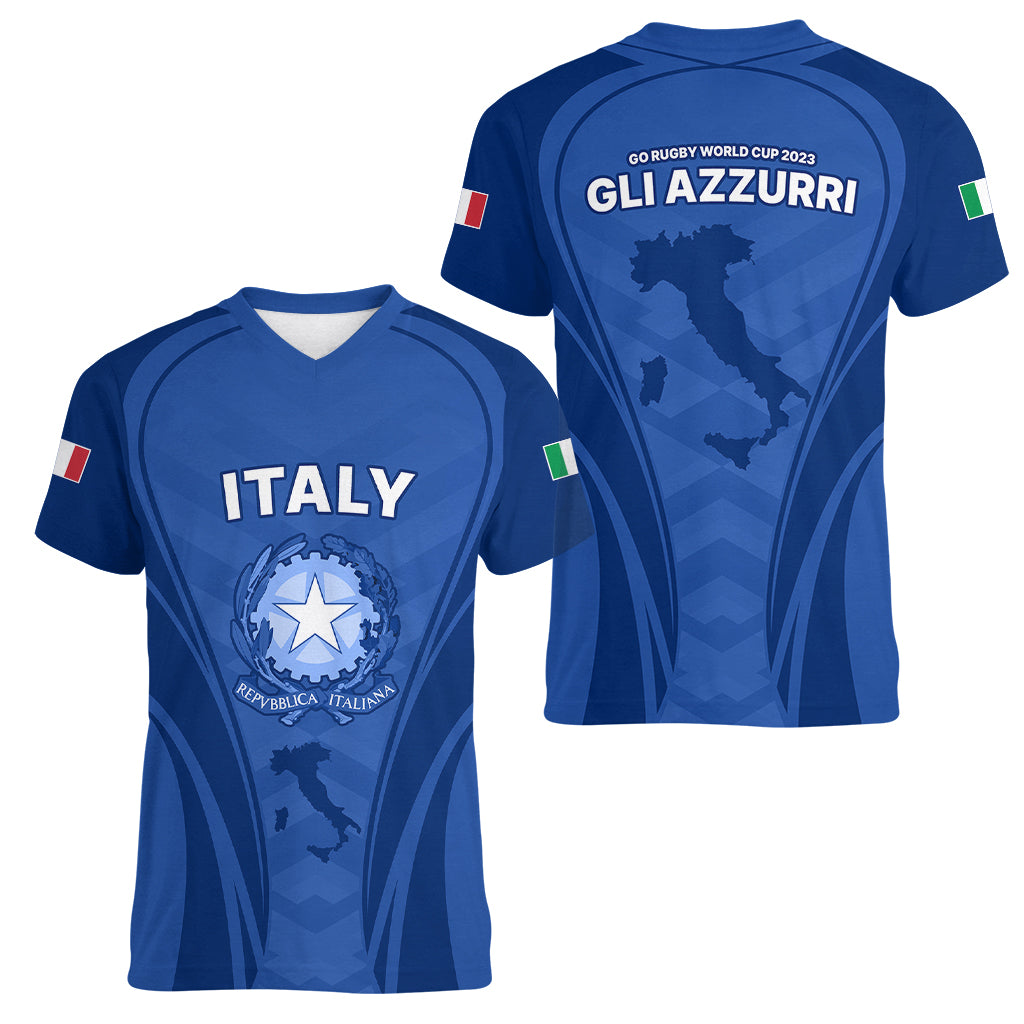 Italy Rugby Women V Neck T Shirt World Cup 2023 Go Gli Azzurri Sporty Style - Wonder Print Shop