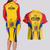 Romania Rugby Couples Matching Long Sleeve Bodycon Dress and Hawaiian Shirt The Oaks World Cup 2023 Go Stejarii LT9 - Wonder Print Shop