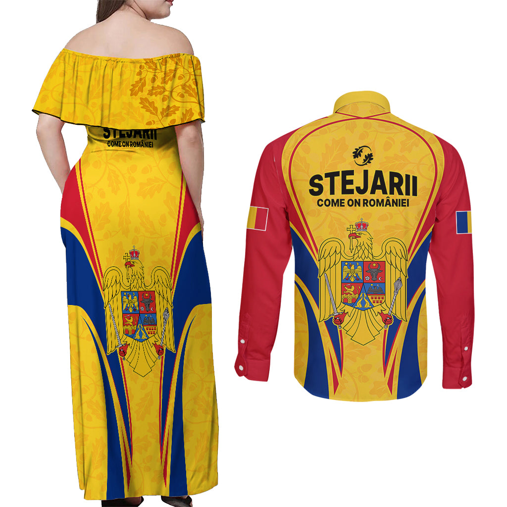Romania Rugby Couples Matching Off Shoulder Maxi Dress and Long Sleeve Button Shirts The Oaks World Cup 2023 Go Stejarii LT9 - Wonder Print Shop