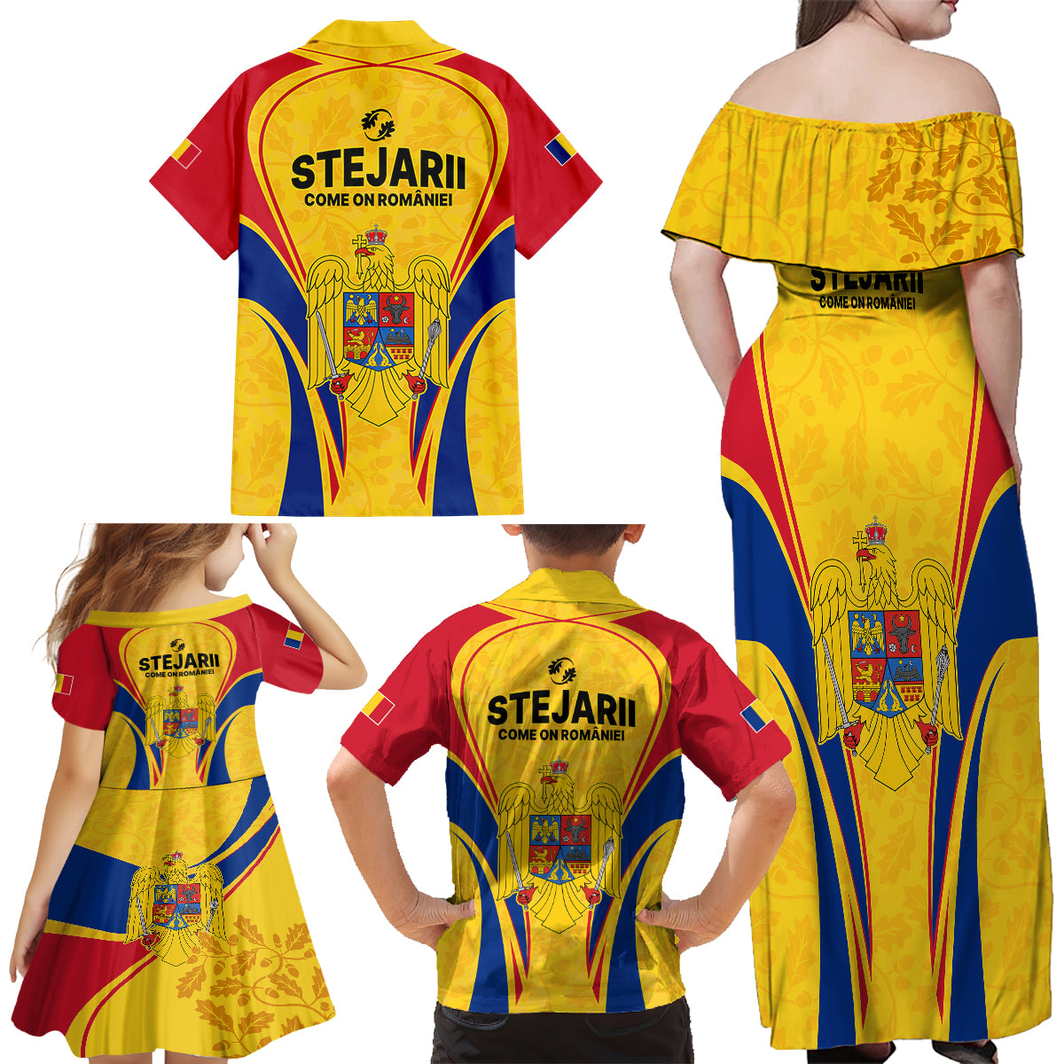 Romania Rugby Family Matching Off Shoulder Maxi Dress and Hawaiian Shirt The Oaks World Cup 2023 Go Stejarii LT9 - Wonder Print Shop