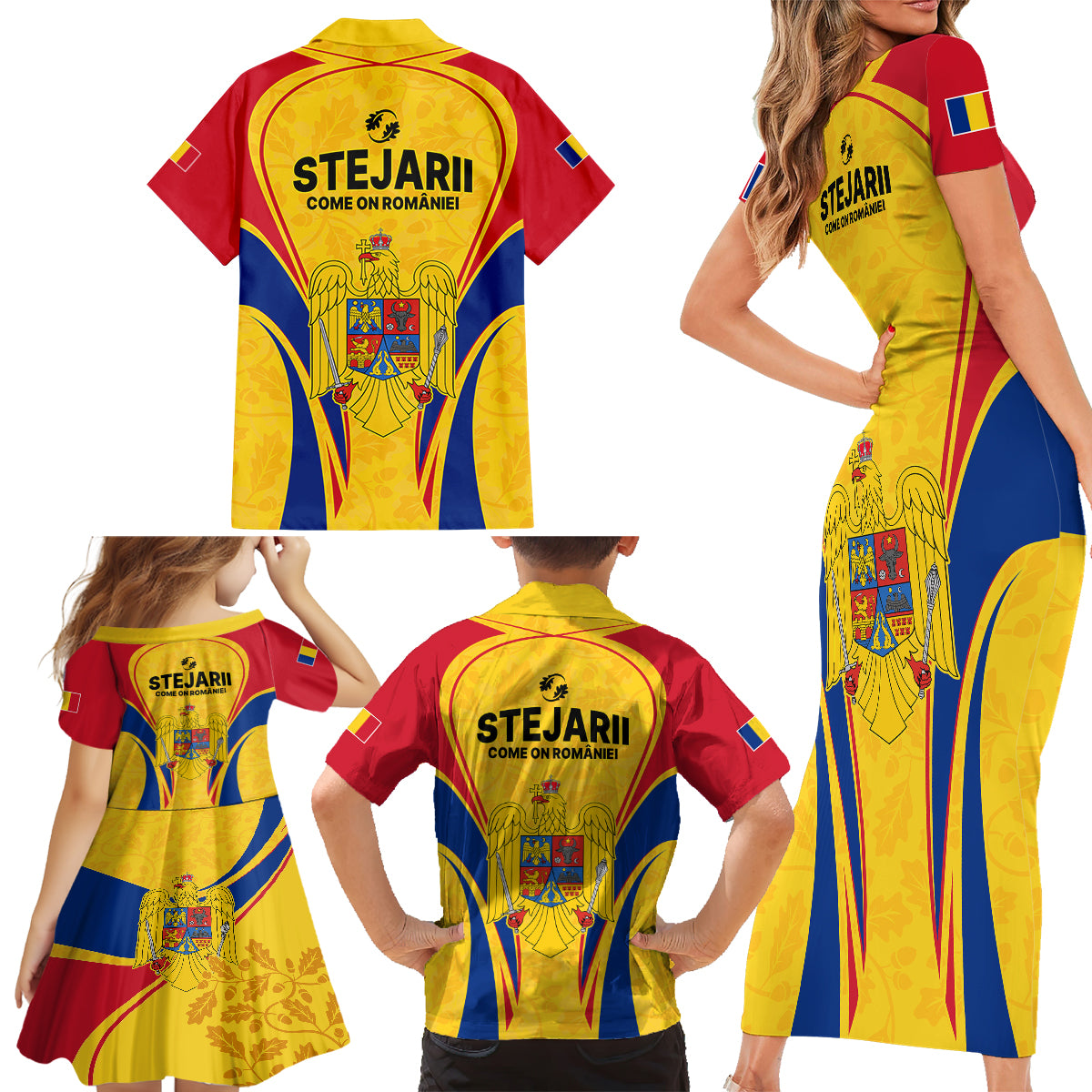 Romania Rugby Family Matching Short Sleeve Bodycon Dress and Hawaiian Shirt The Oaks World Cup 2023 Go Stejarii - Wonder Print Shop