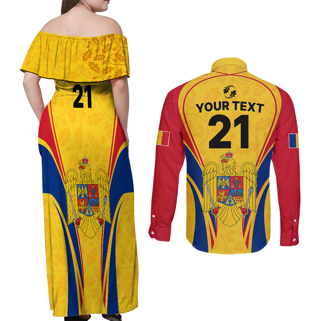 Custom Romania Rugby Couples Matching Off Shoulder Maxi Dress and Long Sleeve Button Shirts The Oaks World Cup 2023 Go Stejarii LT9 - Wonder Print Shop