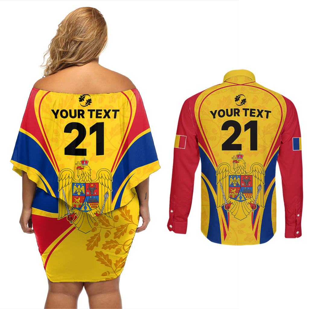 Custom Romania Rugby Couples Matching Off Shoulder Short Dress and Long Sleeve Button Shirts The Oaks World Cup 2023 Go Stejarii LT9 - Wonder Print Shop