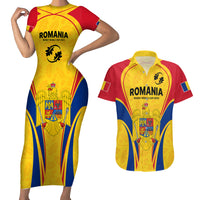 Custom Romania Rugby Couples Matching Short Sleeve Bodycon Dress and Hawaiian Shirt The Oaks World Cup 2023 Go Stejarii LT9 - Wonder Print Shop