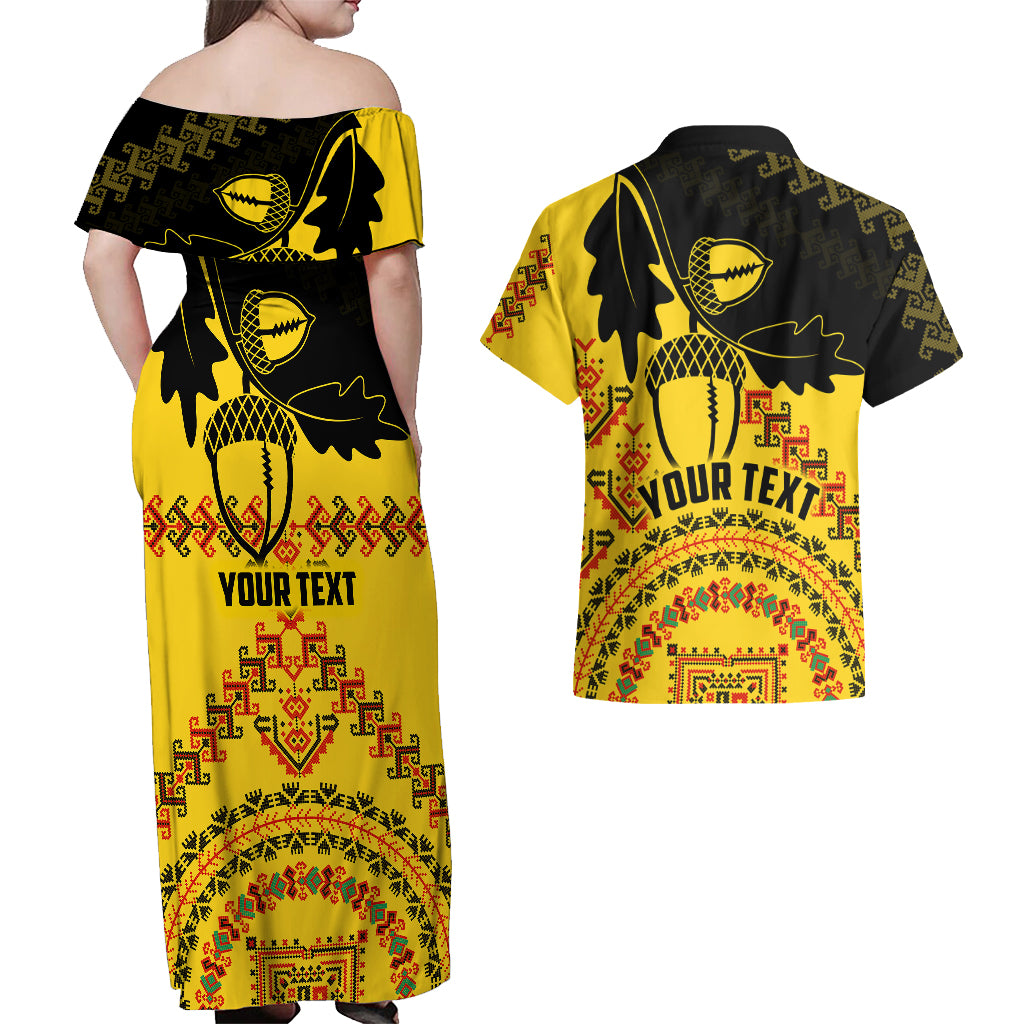 Personalised Romania Oaks Rugby Couples Matching Off Shoulder Maxi Dress and Hawaiian Shirt Romanian Pattern With Embroidery Motif LT9 - Wonder Print Shop