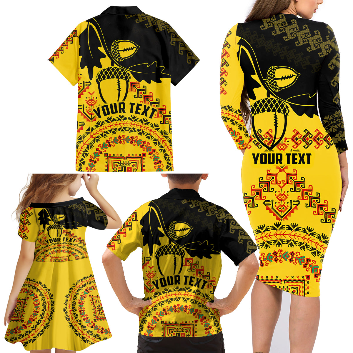 Personalised Romania Oaks Rugby Family Matching Long Sleeve Bodycon Dress and Hawaiian Shirt Romanian Pattern With Embroidery Motif LT9 - Wonder Print Shop