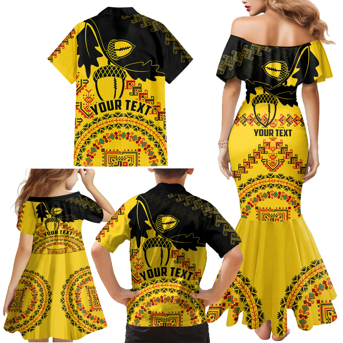 Personalised Romania Oaks Rugby Family Matching Mermaid Dress and Hawaiian Shirt Romanian Pattern With Embroidery Motif LT9 - Wonder Print Shop