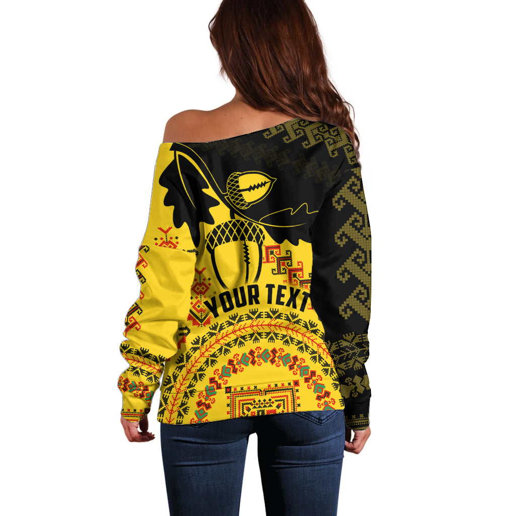 Personalised Romania Oaks Rugby Off Shoulder Sweater Romanian Pattern With Embroidery Motif - Wonder Print Shop