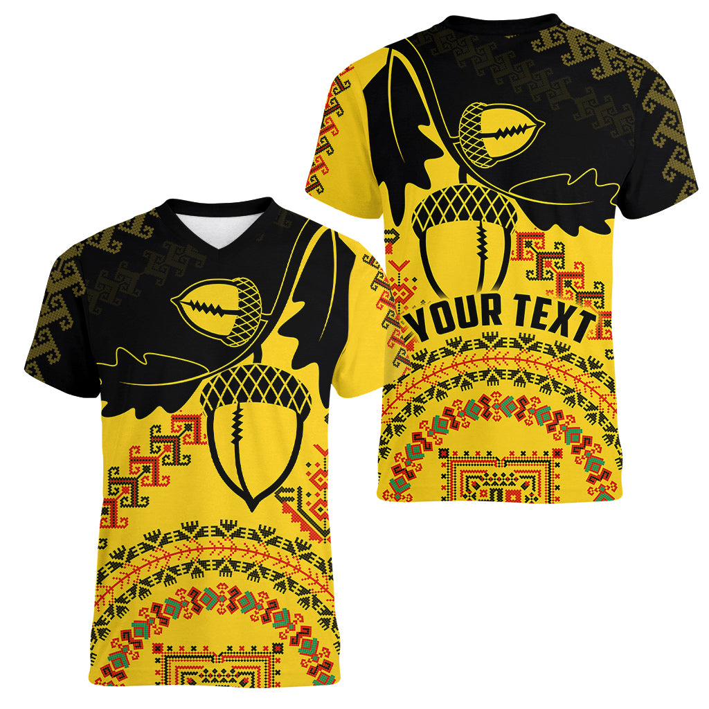 Personalised Romania Oaks Rugby Women V Neck T Shirt Romanian Pattern With Embroidery Motif - Wonder Print Shop