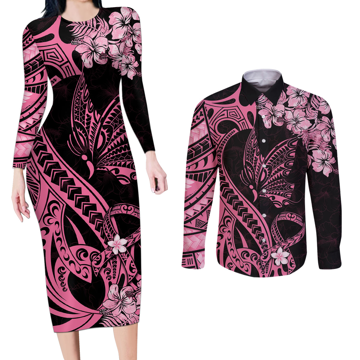 Polynesian Floral Butterfly Couples Matching Long Sleeve Bodycon Dress and Long Sleeve Button Shirts Breast Cancer Pink Ribbon LT9 - Wonder Print Shop