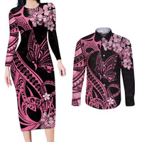 Polynesian Floral Butterfly Couples Matching Long Sleeve Bodycon Dress and Long Sleeve Button Shirts Breast Cancer Pink Ribbon LT9 - Wonder Print Shop