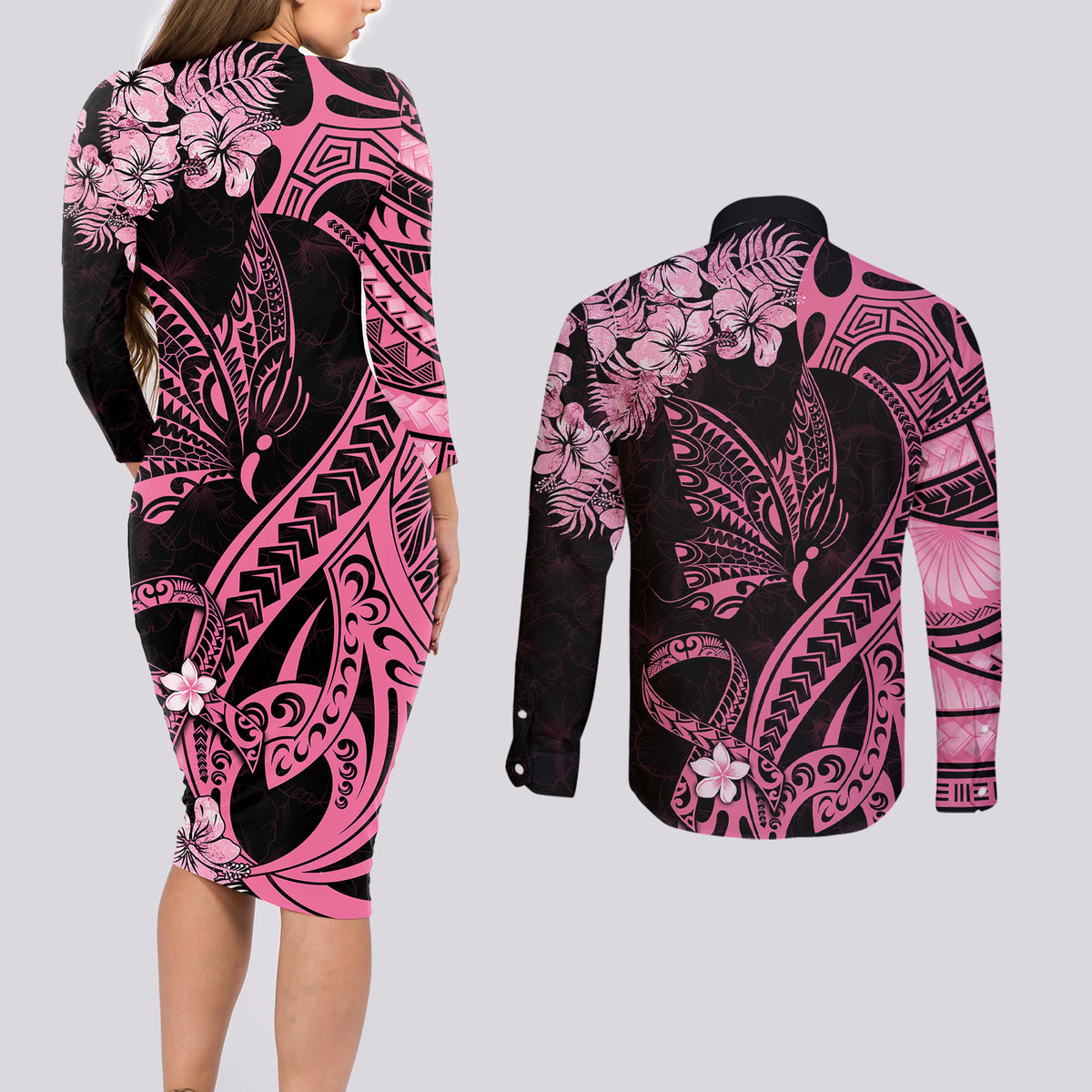 Polynesian Floral Butterfly Couples Matching Long Sleeve Bodycon Dress and Long Sleeve Button Shirts Breast Cancer Pink Ribbon LT9 - Wonder Print Shop