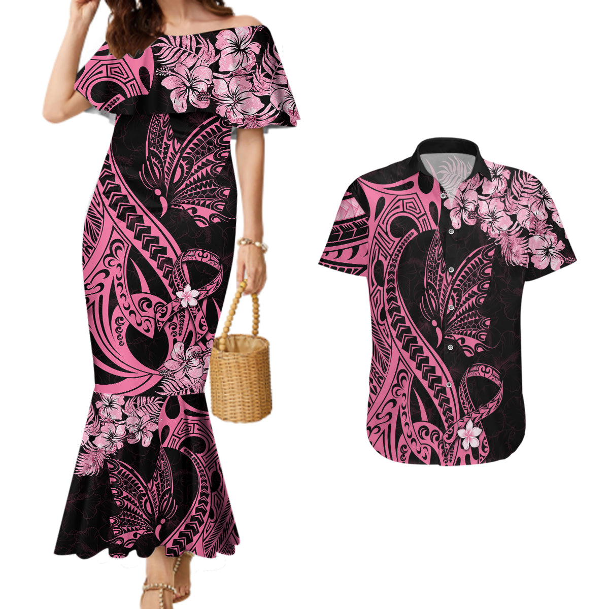 Polynesian Floral Butterfly Couples Matching Mermaid Dress and Hawaiian Shirt Breast Cancer Pink Ribbon LT9 - Wonder Print Shop